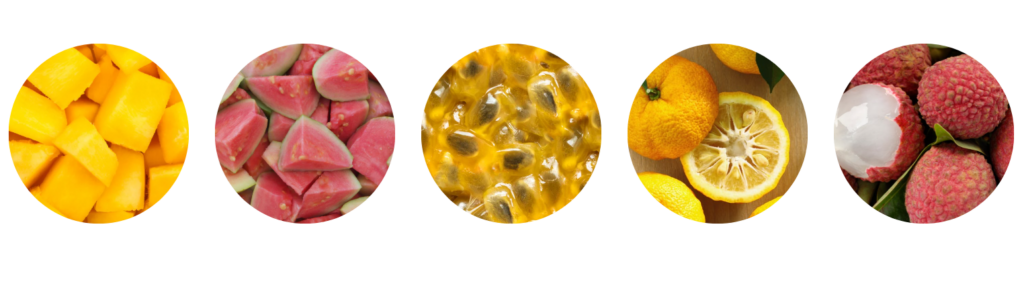 Exotic fruity: mango, guava, passion fruit, yuzu and lychee