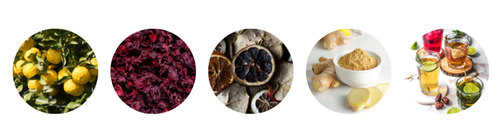 yuzu, hibiscus, black lemon, ginger